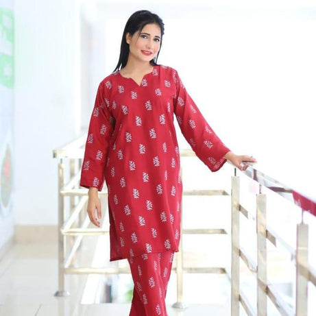 2 Pcs Women's Stitched Linen Block Printed Shirt And Trouser