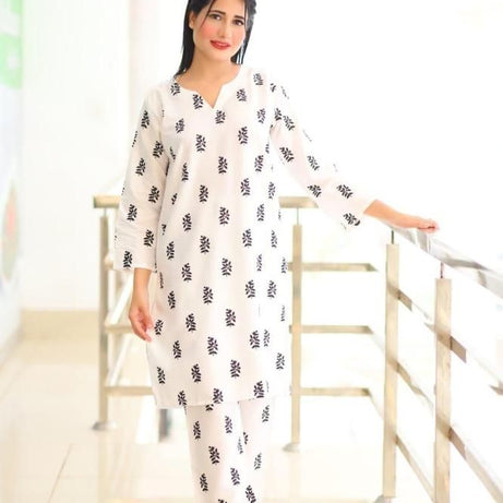 2 Pcs Women's Stitched Linen Block Printed Shirt And Trouser