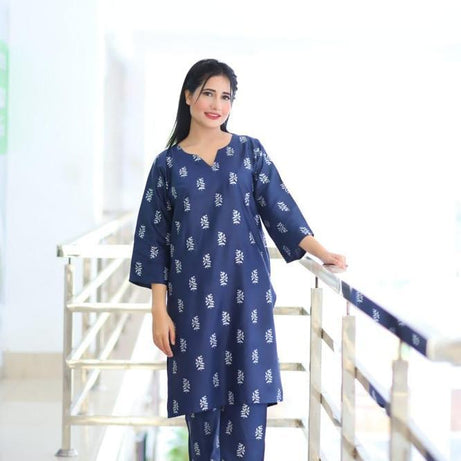 2 Pcs Women's Stitched Linen Block Printed Shirt And Trouser