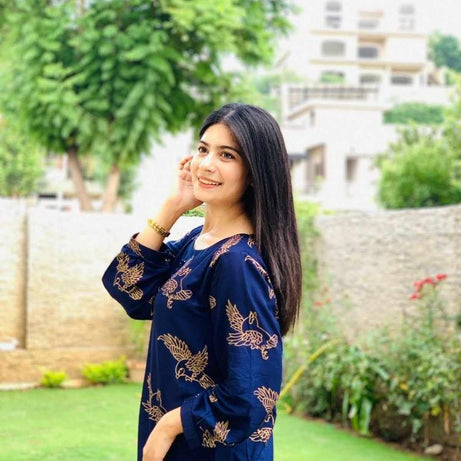 2 Pcs Women's Stitched Linen Printed Shirt And Trouser - Navy Blue