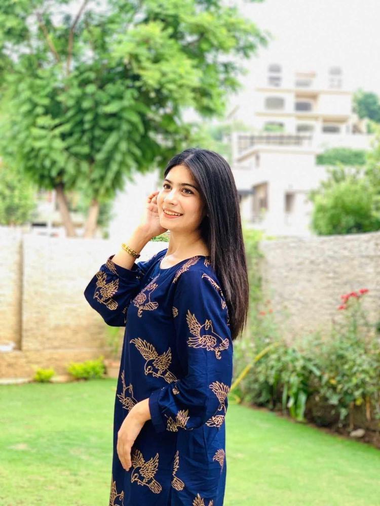 2 Pcs Women's Stitched Linen Printed Shirt And Trouser - Navy Blue