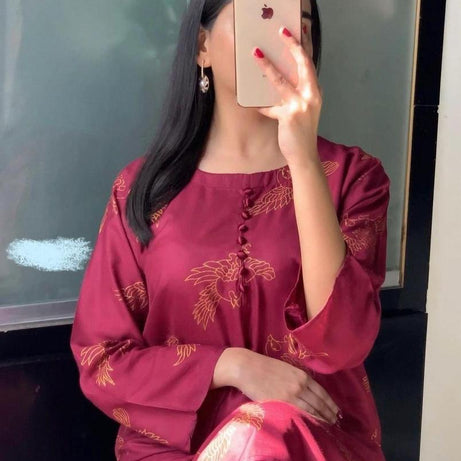 2 Pcs Women's Stitched Linen Printed Shirt And Trouser - Maroon