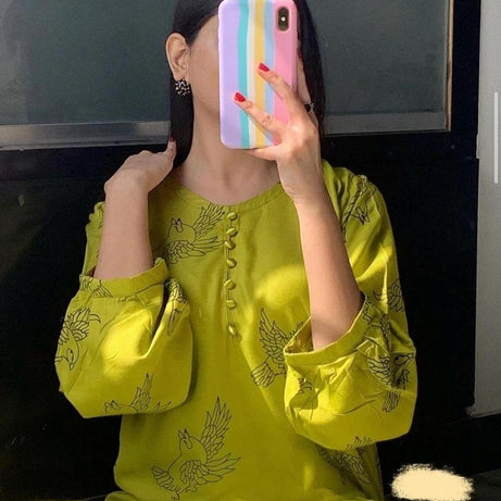 2 Pcs Women's Stitched Linen Printed Shirt And Trouser - Mustard